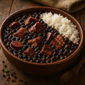 Brazílska feijoada z čiernej fazule a údeného mäsa