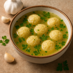 Cesnaková Soup with Cheese Dumplings