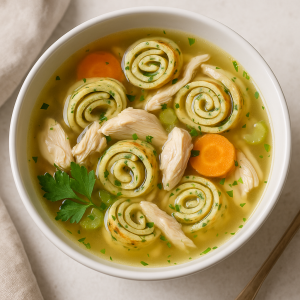 Slepačia Soup with Bylinkovými Palacinkovými Rezancami