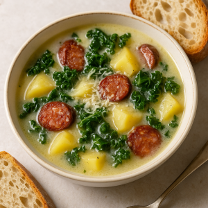 Zemiakovo-Kelová Soup with Domácou Sausage