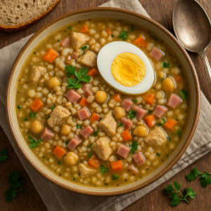 Barley Soup with Chicken Meat, Šunkou and Vajíčkom