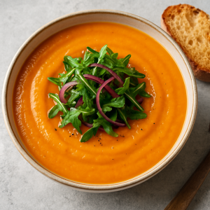 Creamy Carrot Soup with Sladkým Zemiakom and Rukolou