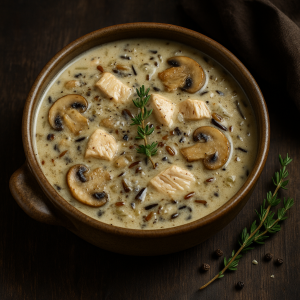 Chicken Soup with Divokou Rice and Mushrooms
