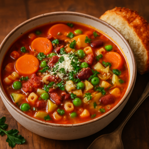 Talianska zeleninová polievka Minestrone s cestovinou a parmezánom