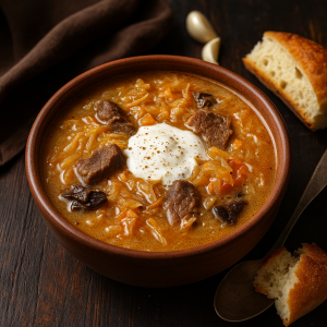 Ruská Cabbage Soup Šči with Kyslou Cream and Mushrooms