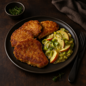 Pork Rezne with Zemiakovou Kôrkou and Jablkovým Pórom