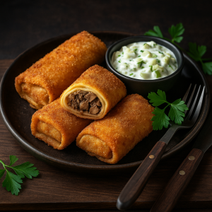 Vyprážané palacinky plnené kuracou pečeňou s jablkovo-smotanovou omáčkou