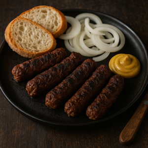 Čevapčiči z hovädzieho mäsa s cibuľou, horčicou a pečivom