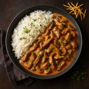 Stroganov na brazílsky spôsob z hovädzieho mäsa s ryžou