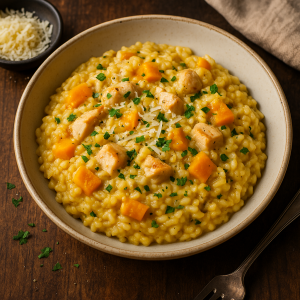 Krémové tekvicové rizoto s kuracím mäsom a parmezánom