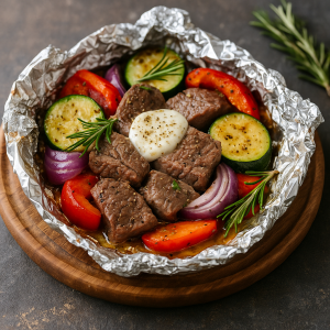 Hovädzie plátky na zelenine a mozzarellou v alobale