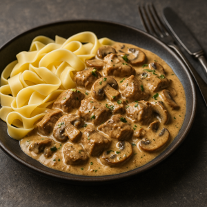 Pomaly Dusený Hovädzí Stroganov with Cesnakovými Šampiňónmi