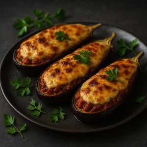 Papoutsakia – plnený baklažán s mletým mäsom a bešamelom