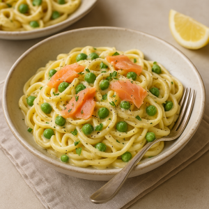 Cestoviny à la carbonara s hráškom a údeným lososom