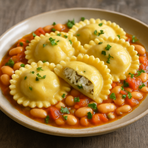 Ravioly z údenej tresky s dusenou bielou fazuľou a paradajkami