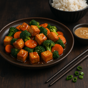 Pražené tofu so zeleninou a arašidovou omáčkou