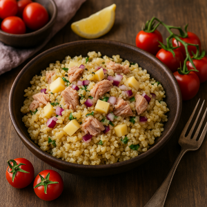 Bulgur šalát s tuniakom, syrom a citrónom