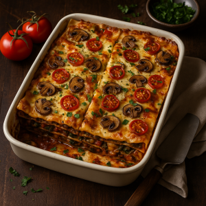 Hubové lasagne so zeleninou, syrom a bešamelom