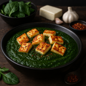 Špenátový prívarok s opečeným halloumi syrom